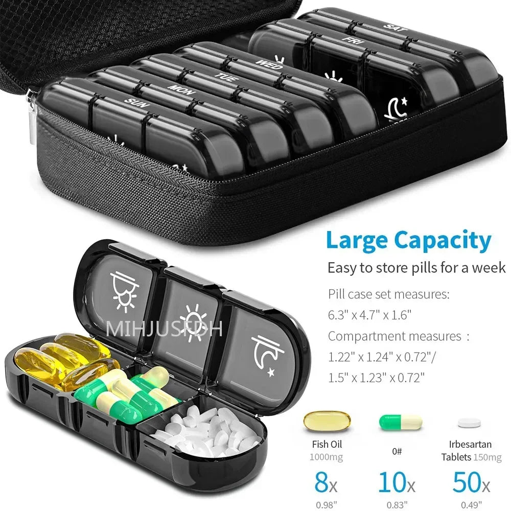 Pill Box 7 Days Organizer 21Grids 3 Times One Day Portable Travel With Large Compartments For Vitamins Medicine Fish Oils